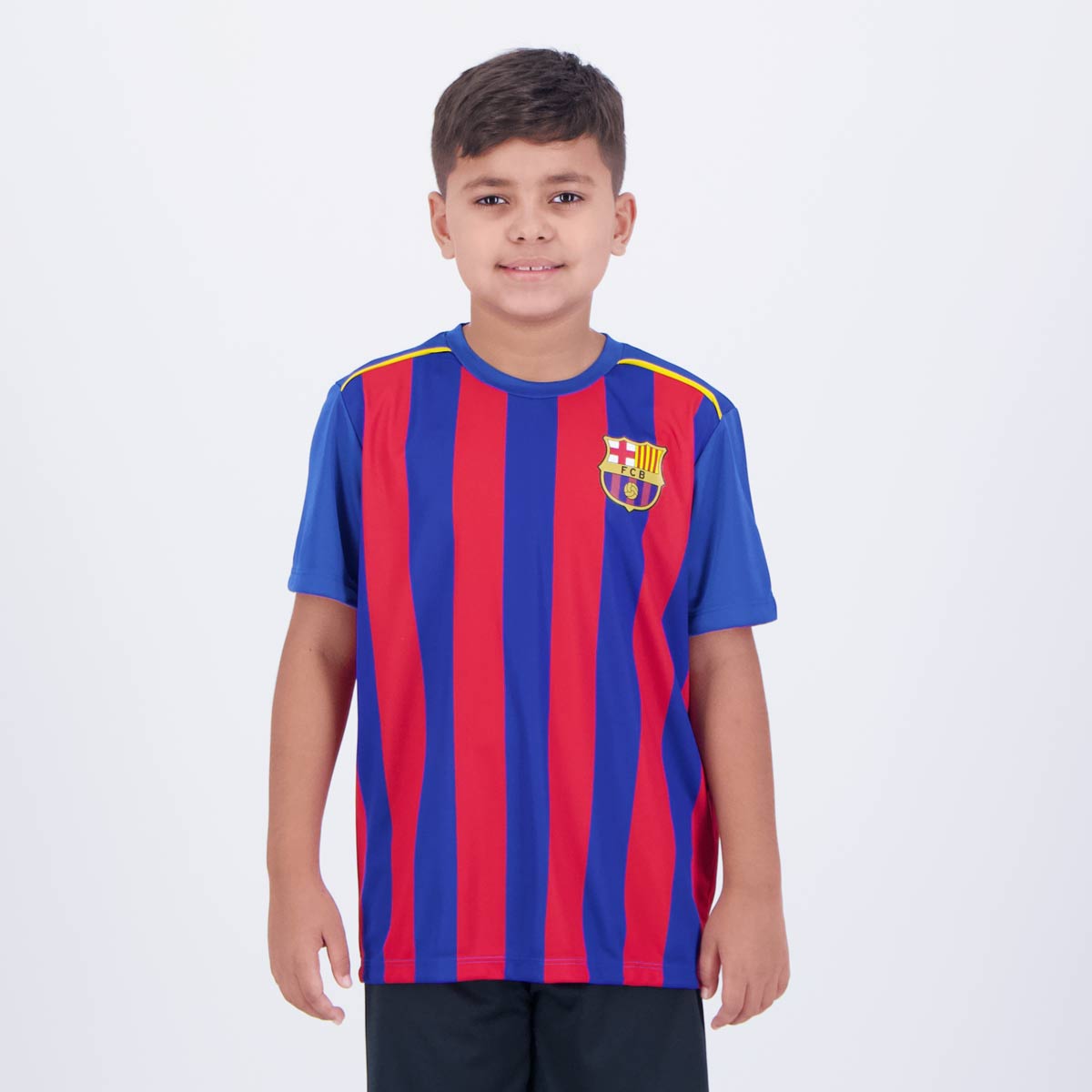 Camisa Barcelona Listrada Juvenil Azul e Vermelha